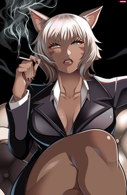 breasts cigarette cleavage clothed clothing crossed_legs female grey_hair hair smoking smoking_cigarette solo stevechopz final_fantasy final_fantasy_xiv final_fantasy_xiv_(legacy) square_enix y'shtola_rhul animal_humanoid cat_humanoid felid felid_humanoid feline feline_humanoid humanoid mammal mammal_humanoid miqo'te absurd_res hi_res