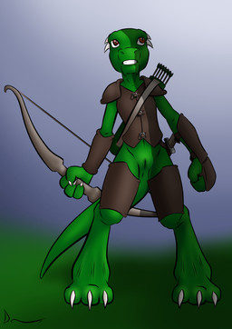 anthro anus armor arrow_(weapon) bow_(weapon) bracers claws dagger digitigrade female genitals green_body holding_object holding_weapon horn melee_weapon offscreen_character outside pupils quiver_(object) ranged_weapon scared shadow simple_background slit_pupils solo standing teeth toe_claws vulva weapon danaume kobold scalie hi_res