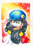 anthro blush clothed clothing collar gloves handwear hat headgear headwear kemono kneeling long_ears solo star mash_(artist) bandai_namco klonoa_(series) pac-man_(series) klonoa pac-man domestic_cat felid feline felis hybrid mammal 2010 traditional_media_(artwork)