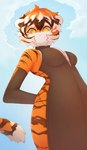 anthro clothed clothing dark_stripes dress female fur hair looking_at_viewer markings multicolored_body orange_body orange_fur simple_background solo striped_body striped_fur striped_markings stripes tail yellow_eyes tanatos_aaa arknights hypergryph studio_montagne waaifu_(arknights) felid mammal pantherine tiger hi_res