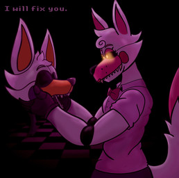 anthro big_tail bow_tie breasts cheek_markings cheek_tuft clothing collared_shirt corpse curly_hair dark_room deactivated disembodied_head dress_shirt duo eyebrows eyelashes facial_markings facial_tuft fangs female fur gloves glowing glowing_eyes hair handwear head_markings head_tuft holding_another holding_head inner_monologue joints lipstick long_tail looking_at_another machine makeup male markings mouth_closed open_mouth orange_body orange_fur pink_body pink_clothing pink_fur pink_shirt pink_topwear red_bow_tie red_lipstick segmented_arms segmented_body shirt sleeves small_breasts tail talking_to_another teeth text thinking tile topwear tuft white_body white_fur jazzydeetective five_nights_at_freddy's five_nights_at_freddy's_world scottgames sister_location funtime_foxy_(fnaf) lolbit_(fnaf) animatronic arctic_fox canid canine fox mammal robot true_fox digital_media_(artwork) english_text hi_res brother_(lore) brother_and_sister_(lore) sibling_(lore) sister_(lore)