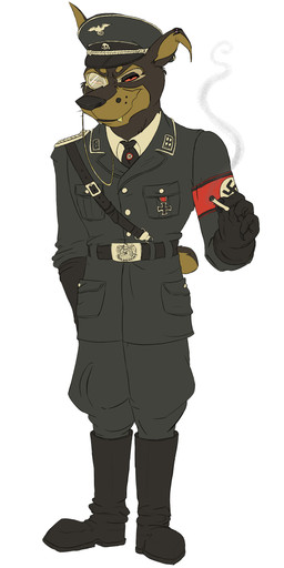 5_fingers anthro armband belt biped black_nose boots bottomwear brown_body brown_fur cigarette clothed clothing coat cross eyewear fangs fingers footwear fully_clothed fur gloves handwear hat headgear headwear holding_object iron_cross male monocle nazi necktie pants peaked_cap red_eyes shoes simple_background smile smoke solo standing swastika teeth topwear uniform white_background ratiries canid canine canis domestic_dog mammal 2008 hi_res
