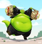 anthro belly belly_rolls big_belly chubby_cheeks claws clothed clothing double_chin eyes_closed eyewear fast_food fat_rolls food food_in_mouth fries furgonomics glasses green_body green_scales grin heart_symbol holding_bag holding_object jacket leather leather_clothing leather_jacket leather_topwear male medallion moobs navel obese obese_anthro obese_male open_clothing open_jacket open_topwear outside overweight overweight_anthro overweight_male plastic_bag scales smile solo tail tail_clothing teeth thick_thighs topwear walking gillpanda allosaurid allosaurus dinosaur prehistoric_species reptile scalie theropod hi_res