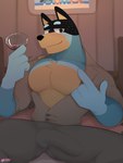 alcohol anthro barazoku beckoning bedroom_eyes beverage big_bulge big_muscles big_pecs bottomwear bulge clothed clothing container cup detailed_bulge down_the_leg_bulge drinking_glass erection erection_under_clothing eyebrows fur genital_outline gesture glass glass_container glass_cup holding_beverage holding_object inside inviting looking_at_viewer male muscular muscular_anthro muscular_male narrowed_eyes open_clothing open_shirt open_topwear pants pecs penis_outline seductive shirt sitting smile solo topwear tuft wine wine_glass jagshiro bluey_(series) bandit_heeler australian_cattle_dog canid canine canis cattledog domestic_dog herding_dog mammal pastoral_dog 2023 hi_res watermark