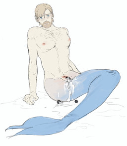 andromorph beard blonde_hair egg facial_hair hair intersex male mole_under_eye nipples simple_background solo split_form white_background strawberryreddy star_wars obi-wan_kenobi aquatic merfolk hi_res