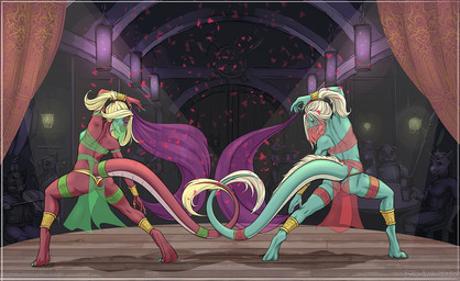 anthro audience blonde_hair bracelet clothed clothing dancer_outfit dancing digitigrade dragon_tail duo entwined_tails female gold_(metal) gold_jewelry green_body green_clothing group hair jewelry male performance ponytail rear_view red_body red_clothing ribbons silk skimpy stage tail tail_coil tail_tuft tuft veil shurikoma_(artist) asian_mythology east_asian_mythology mythology sek-raktaa zoe_(sek-raktaa) dragon eastern_dragon mythological_creature mythological_scalie scalie digital_media_(artwork)