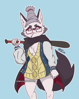 anthro black_nose black_tail cigarette cigarette_in_mouth cloak clothing cosplay crossover_cosplay eyewear female fur glasses jacket object_in_mouth pupils red_sclera solo sweater tail topwear white_body white_fur white_pupils msc_cat dandadan hellaverse helluva_boss mythology loona_(helluva_boss) seiko_ayase_(dandadan) canid canid_demon canine demon hellhound mammal mythological_canine mythological_creature crossover hi_res