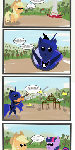 barn blue_body blue_feathers bowed_string_instrument crane_(machine) feathered_wings feathers female group horn musical_instrument string_instrument text violin what wings perfectblue97 friendship_is_magic hasbro my_little_pony mythology applejack_(mlp) princess_luna_(mlp) twilight_sparkle_(mlp) equid equine mammal mythological_creature mythological_equine unicorn winged_unicorn 2016 absurd_res comic english_text hi_res
