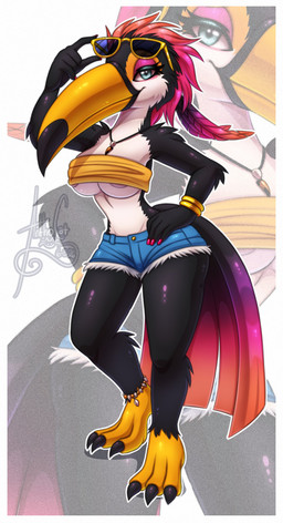 3_toes 5_fingers anklet anthro areola areola_slip bandeau beak big_breasts black_body black_feathers blowup_background blue_eyes bottomwear bracelet breasts clothing colored_nails denim denim_bottomwear denim_clothing denim_shorts eyelashes eyeshadow eyewear eyewear_on_head feathers feet female fingers hair hand_on_hip jewelry looking_at_viewer makeup multicolored_body multicolored_feathers nails necklace pink_eyeshadow red_hair red_nails scutes short_hair shorts simple_background smile solo standing sunglasses sunglasses_on_head tail tail_feathers text toes topwear two_tone_body two_tone_feathers under_boob wearing_sunglasses white_body white_feathers zoom_layer antho_cat avian bird toucan 2026 absurd_res artist_name dated hi_res signature watermark