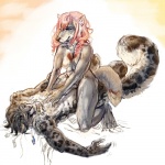 anthro breasts cowgirl_position duo eyes_closed female from_front_position hair jewelry long_hair lying male male/female necklace nude on_bottom on_top pink_hair sex straddling mab canid canine canis felid leopard mammal pantherine snow_leopard wolf 1:1