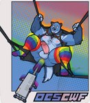 anthro armpit_hair barazoku beard black_body black_fur blue_background blue_body blue_fur bodily_fluids body_hair border clothed clothing facial_hair footwear fucking_machine fur genital_fluids genitals halftone_background harness leaking_precum lgbt_pride looking_at_viewer machine male motion_blur muscular muscular_anthro muscular_male nipples orange_border orange_eyes partially_clothed pattern_background pecs penis precum pride_color_clothing pride_color_footwear pride_color_harness pride_color_socks pride_colors rainbow_background restraints sex_swing simple_background slight_smile smile smirk socks solo tail thick_arms thick_thighs outcast-stars weyland_here gulonine mammal mustelid musteline wolverine absurd_res artist_collaboration halftone hi_res