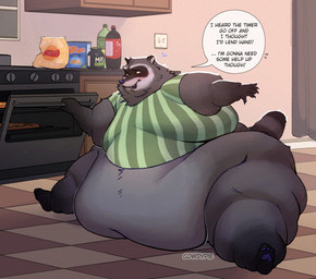 anthro appliance base_cabinet belly belly_on_ground belly_overhang beverage beverage_bottle big_belly black_body black_fur blush bodily_fluids bottle bottomless chips_(food) claws clothed clothing container curtains detailed_background dialogue embarrassed facial_markings fat_rolls flying_sweatdrops food fur grey_body grey_fur head_markings immobile inside kitchen kitchen_appliance kitchen_cabinet light_switch looking_aside love_handles male markings mask_(marking) moobs morbidly_obese morbidly_obese_anthro morbidly_obese_male obese obese_anthro obese_male open_mouth oven overweight overweight_anthro overweight_male pizza potato_chips ring_(marking) ringed_tail sitting soda soda_bottle solo speech_bubble stretch_marks striped_markings striped_tail stripes sweat sweatdrop tail tail_markings text thick_thighs wall_cabinet wide_hips cowdypie mammal procyonid raccoon adversarial_noise artist_name english_text hi_res
