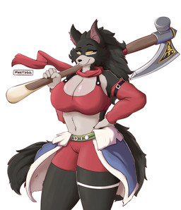 anthro axe big_breasts breasts camel_toe cape clothing dominant dominant_female female fluffy fluffy_tail grey_body hand_on_hip mane red_clothing solo standing tail thick_thighs wide_hips mestysa canid canine mammal absurd_res hi_res