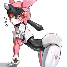 antenna_wire armwear big_butt black_bra black_clothing black_sclera black_underwear blush blush_lines bra breasts butt clothing elbow_gloves emanata female frilly frilly_clothing frilly_gloves glistening glistening_body glistening_butt gloves green_eyes hair handwear joints leaning leaning_forward legwear looking_back machine metallic_hair multicolored_eyes open_mouth pink_clothing pink_hair pink_legwear pink_thigh_highs pseudo_hair pupils side_view simple_background small_breasts solo thick_thighs thigh_highs triangle_(shape) underwear unusual_pupils white_background yellow_eyes sakatomo mihoyo zenless_zone_zero aria_(zenless_zone_zero) humanoid robot robot_humanoid 2026 absurd_res hi_res