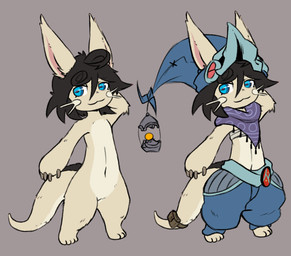 ambiguous_gender anthro black_hair blue_eyes bottomwear clothing featureless_chest featureless_crotch fox_ears fur hair hat headgear headwear lamp lantern navel nude oversized_bottomwear oversized_clothing oversized_pants pants paws scarf simple_background smile solo tail honky_kat made_in_abyss fan_character mammal narehate digital_media_(artwork)