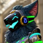 anthro armor blue_body blue_eyes blue_fur cybernetics day fluffy fur glowing glowing_eyes glowing_mouth hair happy headgear light machine male metal neck_tuft open_mouth open_visor protogen_armor protogen_visor realistic realistic_fur realistic_lighting red_body red_fur smile solo sunlight tongue tuft visor goldapolloart fox_becket canid canine hybrid mammal protogen absurd_res hi_res