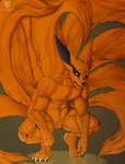 anthro big_feet claws feet male muscular muscular_anthro solo water guepardoxart naruto kurama canid canine fox mammal absurd_res hi_res