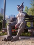 abs anthro athletic athletic_anthro athletic_male balls bench city city_background cityscape claws countershading fin flower genitals grass grey_body grey_scales humanoid_genitalia humanoid_penis light looking_at_viewer male muscular muscular_anthro muscular_male nude outside park park_bench pecs penis plant red_eyes scales sitting solo sunlight tree vein veiny_balls veiny_muscles veiny_penis johnwulffe mythology dariel_(johnwulffe) dragon mythological_creature mythological_scalie scalie wingless_dragon 3d_(artwork) digital_media_(artwork)