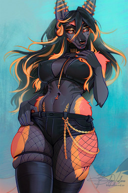 anthro biped bottomwear breasts claws clothed clothed_anthro clothed_female clothing ear_piercing female fingers front_view fur hair inner_ear_fluff looking_at_viewer navel pants piercing simple_background solo standing tail tuft va_art canid canine mammal 2026 2:3 digital_drawing_(artwork) digital_media_(artwork) hi_res