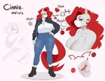 anthro big_breasts breasts clothed clothing colored_nails female freckles fur grey_body grey_fur hair nails red_eyes red_hair solo text onicristice cinnie_(wizpig) equid equine horse mammal absurd_res english_text hi_res model_sheet