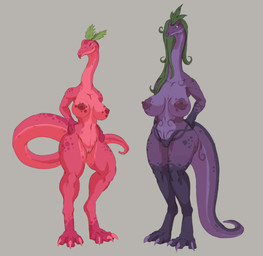anthro blep breasts claws clitoris duo female genitals green_hair grey_background hair humanoid_genitalia humanoid_vulva long_neck monotone_genitals mouth_closed navel nipples non-mammal_breasts non-mammal_navel non-mammal_nipples nude pink_body pink_breasts pink_claws pink_vulva purple_body purple_breasts purple_claws purple_clitoris purple_nipples purple_vulva red_body red_eyes red_nipples red_tongue simple_background standing tail toe_claws tongue tongue_out unsigned vulva upai dinosaur prehistoric_species reptile scalie theropod hi_res