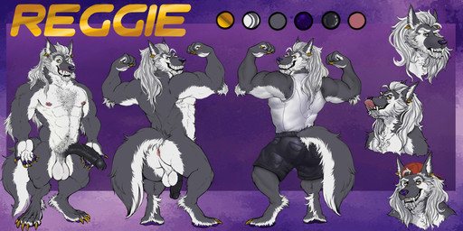 abs anthro anus balls big_fangs big_penis black_bottomwear black_clothing black_penis black_shorts bottomwear clothed clothing ear_piercing erection fangs flexing flexing_bicep front_view fur genitals grey_body grey_fur grin hair hat headgear headwear humanoid_genitalia humanoid_penis long_hair looking_at_viewer male male_anthro muscular muscular_anthro muscular_male narrowed_eyes nipples nude pecs penis piercing pose pubes rear_view red_anus red_clothing red_hat red_headwear red_nipples shorts smile solo standing teeth topwear white_balls white_body white_clothing white_fur white_hair white_topwear yellow_eyes chumbasket reggie_(cees-mind) canid canine canis mammal wolf absurd_res hi_res model_sheet