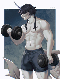 abs anthro areola biped bulge clothed clothed_anthro clothed_male clothing detailed_bulge erection erection_under_clothing fingers front_view genital_outline hair horn male male_anthro navel nipples penis_outline smile solo standing tail teeth flaich aquatic fish shark 2026 digital_drawing_(artwork) digital_media_(artwork) hi_res