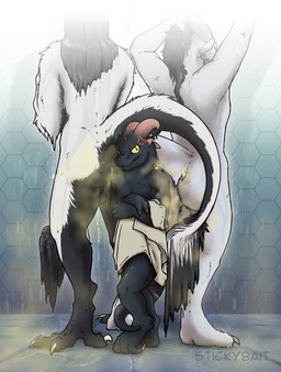 anthro anus balls bathing black_anus black_body black_fur black_scales brown_fart_cloud butt claws fart fart_cloud fart_fetish farting_on_another farting_together fur genitals grey_body grey_fur group horn male no_sclera orange_claws orange_horn perineum scales shower showering showering_together towel towel_on_shoulder towel_only trio white_body white_fur yellow_eyes stickybait mythology dragon furred_dragon furred_scalie kobold mythological_creature mythological_scalie scalie sergal hi_res