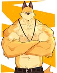 abs anthro barazoku belt blush bodily_fluids clothed clothing crossed_arms flustered male muscular muscular_male nipples pecs simple_background solo sweat topless obstacle033 odd_taxi fuyuki_yamamoto_(odd_taxi) canid canine fox mammal absurd_res hi_res