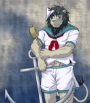 alternate_species anchor anthro ascot athletic athletic_anthro athletic_male bottomwear clothing cosplay crossgender furrification green_eyes hishaku male mane sailor_uniform shorts smile solo kraicar touhou minamitsu_murasa felid lion mammal pantherine