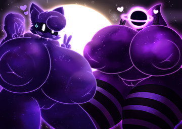 5_fingers anthro areola big_breasts big_nipples biped black_hole blush blush_lines breasts clothed clothing cosmic_background cosmic_fur duo eyewear facial_tuft female fingers footwear for_a_head front_view fur genitals gesture goggles hair hand_gesture heart_symbol huge_breasts huge_nipples huge_thighs legwear monotone_body mostly_nude mostly_nude_female nipple_dip nipples nude nude_female purple_body purple_ears purple_hair purple_tail socks star tail thick_thighs thigh_highs tuft v_sign vulva hornyicakes andromeda_(ga1ax1an) celestial_being domestic_cat felid feline felis humanoid mammal object_head 2025 digital_drawing_(artwork) digital_media_(artwork) hi_res