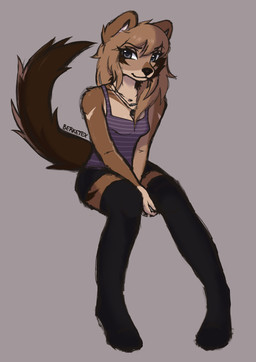 anthro bangs black_bottomwear black_clothing black_legwear black_shorts black_thigh_highs blue_eyes bottomwear breasts brown_inner_ear brown_markings brown_tail cheek_tuft clothing crossed_bangs facial_tuft female fur fur_markings gloves_(marking) hair inner_ear_fluff jewelry legwear looking_at_viewer markings messy_hair multicolored_body neck_tuft necklace orange_body orange_fur orange_hair pattern_clothing pattern_topwear purple_clothing purple_topwear shirt shorts simple_background sitting small_breasts smile smiling_at_viewer solo striped_clothing striped_topwear stripes tail tank_top thigh_highs three-quarter_view topwear tuft white_inner_ear_fluff berketex canid canine dhole mammal full-length_portrait hi_res portrait