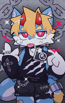 2_horns 4_fingers anthro black_bottomwear black_clothing black_pants black_shirt black_shorts black_tank_top black_topwear blonde_eyebrows blonde_hair blue_body blue_fur bottomwear camera camera_flash chain clothing collar cross dipstick_tail eyebrows fingers front_view fur hair horn kemono male markings narrowed_eyes pants pawpads piercing pink_pawpads pink_pupils pose pupils red_eyes red_horn ring shirt shorts solo tail tail_markings tank_top text tongue tongue_out tongue_piercing topwear white_body white_fur yellow_body yellow_fur yellow_tail_tip yunbucai domestic_cat felid feline felis mammal english_text hi_res portrait three-quarter_portrait