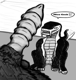 ambiguous_gender animal_genitalia anthro balls bedroom_eyes duo erection fangs feral fur genital_slit genitals looking_at_another male muscular narrowed_eyes nude penis sabertooth_(anatomy) scales seductive short simple_background sitting smile speech_bubble spreading tail tail_motion tailwag teeth text white_body fancypenguin32 mythology ipe_(fancypenguin32) canid canine canis dragon dwarf_dragon humanoid mammal mythological_creature mythological_scalie reptile scalie wolf absurd_res digital_media_(artwork) hi_res monochrome
