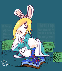 anthro arm_support arms_bent bent_legs blonde_hair blue_carpet blue_clothing blue_dress blue_eyes book bookshelf carpet closed_frown clothed clothed_anthro clothed_female clothing crown dildo dress featureless_legs female female_anthro fist frown fur furniture gem hair hair_over_eye half-closed_eyes headgear leaning_on_elbow light long_ears long_hair mitten_hands motion_lines mouth_closed narrowed_eyes open_book pawpads raised_leg rubbing ruby_(gem) sex_toy simple_background sitting solo tan_body tan_eyelids tan_inner_ear tan_pawpads tan_skin white_body white_fur ratsinablanket mario_bros mario_plus_rabbids_sparks_of_hope nintendo raving_rabbids rayman_(series) ubisoft rabbid_rosalina lagomorph mammal rabbid 2026 colored crossover digital_drawing_(artwork) digital_media_(artwork) hi_res lighting shaded signature