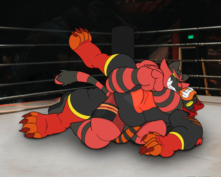 anthro black_body black_fur duo fighting_ring fur male male/male pinned pinned_to_ground red_body red_fur wrestling wrestling_singlet how-did-we-get-here nintendo pokemon inferno_sabercat tahu_(incineroar) felid generation_7_pokemon hybrid incineroar liger mammal pantherine pokemon_(species) hi_res