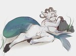 anthro big_breasts breasts female fish_tail fur genitals hair horn long_hair lying nipples nude pussy rock solo thick_thighs white_body white_fur white_hair terrible_existence_(artist) capricorn absurd_res colored hi_res