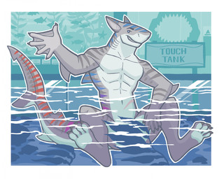 4_toes 5_fingers abdominal_scar abs anthro aquarium biceps black_claws black_eyebrows blue_eyes blue_stripes blue_text bubble claws convenient_censorship deltoids eyebrows feet fin finger_claws fingers gesture grey_body grey_ears grey_stripes grey_tail male male_anthro membrane_(anatomy) multicolored_body multicolored_tail muscular muscular_anthro muscular_male nude nude_anthro nude_male outline partially_submerged paws pecs purple_stripes red_stripes scar seaweed sharp_teeth sitting smile snout solo striped_body striped_skin stripes tail tail_fin teeth text toe_claws toes vivarium waving webbed_hands white_body white_outline white_tail snarkysardine ambient_fish ambient_sealife ambient_starfish fish marine requiem_shark shark tiger_shark 2025 english_text hi_res