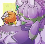 anthro arm_warmers armwear burger cleavage_cutout clothing covered_eyes crumbs_on_face cutout eating female food green_tongue nails purple_body shirt slime solo tongue tongue_out topwear rudytheshark nintendo pokemon ruru_(muroo) generation_6_pokemon goodra pokemon_(species) hi_res