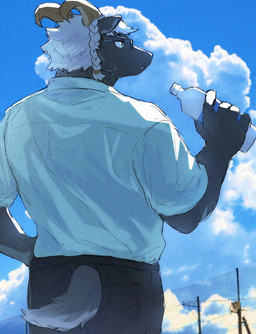 anthro black_body bottle bottomwear clothing container eyewear fur glasses hair holding_bottle holding_container holding_object horn looking_away male pants rear_view shirt short_tail sky solo tail topwear white_hair suna_sand1 lifewonders tokyo_afterschool_summoners tanngrisnir_(tas) bovid caprine goat mammal 2026 hi_res