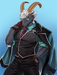 anthro black_body black_fur clothing eyewear fur glasses gloves hair handwear horn male muscular muscular_anthro necktie pecs solo topwear vest white_hair azaisu2kop lifewonders tokyo_afterschool_summoners tanngrisnir_(tas) bovid caprine goat mammal absurd_res hi_res