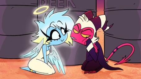 back_wings blonde_hair blue_body blue_hair blue_skin cartoon_freckles clothing crouching dress duo eyelashes feathered_wings feathers female freckled_face freckles gradient_hair hair halo hooves horn jacket keg kneeling long_eyelashes long_tail male red_body red_skin screencap spade_tail tail topwear unguligrade white_hair wings yellow_eyes emositecc vivzmind hellaverse helluva_boss millie_(helluva_boss) moxxie_(helluva_boss) angel angel_humanoid demon demon_humanoid humanoid imp 16:9 colored hi_res widescreen