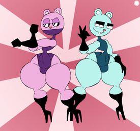 4_fingers anthro armwear blue_body blue_fur boots buckteeth clothing covered_mouth curvy_figure duo elbow_gloves eyelashes eyewear femboy fingers footwear fur glasses gloves half-closed_eyes hand_on_leg hand_on_thigh handwear heart_nose heart_symbol high_heeled_boots high_heels knee_boots knee_highs legwear leotard logo looking_at_viewer male markings mole_(marking) narrowed_eyes navel_outline pink_body pink_fur shoes small_waist smile teeth text thick_thighs wide_hips thatdawgmurray happy_tree_friends kleisthenes_(subzerowizardo) the_mole_(htf) eulipotyphlan mammal mole_(animal) aliasing artist_logo artist_name digital_media_(artwork) hi_res signature