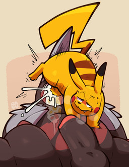 balls black_body bodily_fluids cum cum_in_mouth cum_inside duo erection foreskin genital_fluids genitals humanoid_genitalia humanoid_penis male male/male oral penis penis_in_mouth sweat tail yellow_body raburigaron nintendo pokemon excadrill generation_1_pokemon generation_5_pokemon pikachu pokemon_(species) hi_res