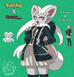 anthro backpack big_ears bottomwear clothing female green_clothing green_jacket green_topwear grey_body jacket pink_eyes pseudo_clothing pseudo_scarf skirt solo tail topwear go-two danganronpa danganronpa_2 nintendo pokemon spike_chunsoft chiaki_nanami chinchilla chinchillid cinccino generation_5_pokemon mammal pokemon_(species) rodent absurd_res hi_res