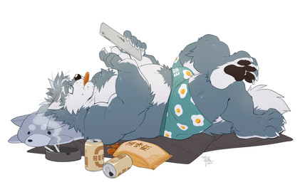 alcohol anthro ashtray beer belly beverage black_nose black_pawpads bulge claws clothed clothing countershading crumbs eyewear food fur glasses grey_body grey_fur hair humanoid_hands kemono lying male overweight overweight_anthro overweight_male pawpads pillow simple_background smoking snack solo stubble tablet tablet_computer technology topless underwear white_background takemoto_arashi apple_inc. ipad hank_(takemoto_arashi) canid canine canis mammal wolf 2020 hi_res signature