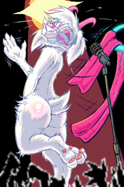 anthro blush bodily_fluids butt cane covering covering_crotch crowd electronics embarrassed eyewear eyewear_only fur glasses glasses_only group microphone nude scarf smile solo_focus sweat wearing_glasses whip white_body white_fur frist44 deltarune undertale_(series) ralsei bovid caprine darkner goat mammal 2:3 hi_res