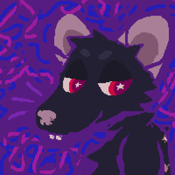 ambiguous_gender anthro black_body black_fur buckteeth fur purple_background red_eyes simple_background smile solo teeth demensa mammal murid murine rat rodent 1:1 2025 bust_portrait digital_media_(artwork) hi_res icon pixel_(artwork) portrait