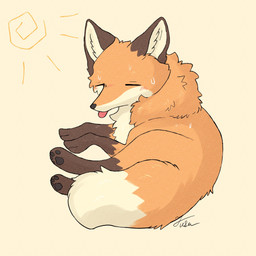 ambiguous_gender black_nose black_pawpads blep bodily_fluids brown_body brown_fur dipstick_tail eyes_closed feet feral fur leg_markings lying markings multicolored_body multicolored_fur multicolored_tail orange_body orange_fur pawpads paws pink_tongue simple_background socks_(marking) solo sweat tail tail_markings toes tongue tongue_out tuft white_body white_fur fusau canid canine fox mammal red_fox true_fox 1:1 2026 hi_res signature