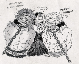 abs anthro ball_gag bdsm belt bodily_fluids bondage bound braided_hair breasts chain chained clothing collar dominant dominant_female dominant_human dress drooling ear_piercing ear_ring fantasy female female_on_anthro fur gag gagged group hair hands_behind_back human_on_anthro interspecies jewelry leash looking_up male male/female mane metal_collar muscular muscular_anthro muscular_male necklace nipples pecs petting piercing pupils restrained restraints ring_piercing rubbing saliva scar slave slit_pupils smile submissive submissive_anthro submissive_male teeth eternal.knot hasbro magic:_the_gathering wizards_of_the_coast ajani_goldmane felid human lion mammal pantherine traditional_media_(artwork)